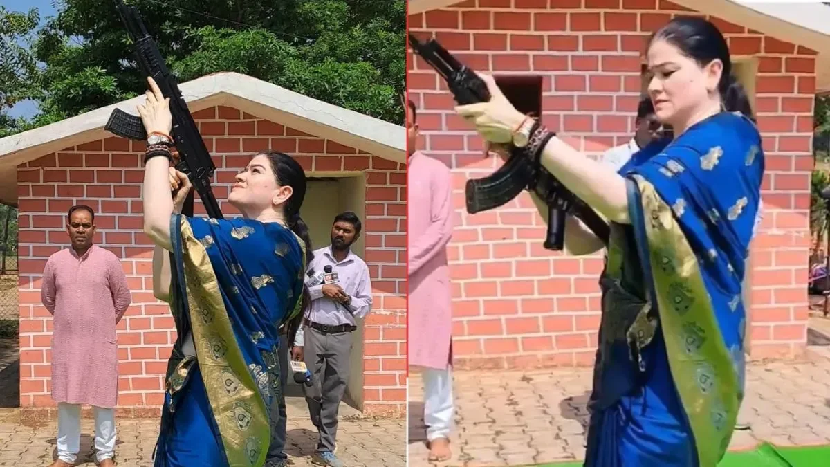 राजनांदगांव पुलिस लाइन में दशहरा शस्त्र पूजा के दौरान AK-47 थामे IPS अंकिता शर्मा
