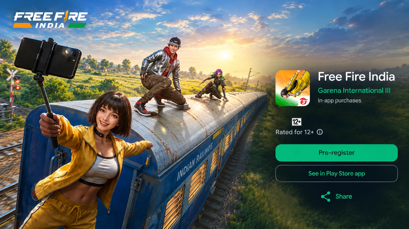 Free Fire India Play Store listing with India-themed artwork