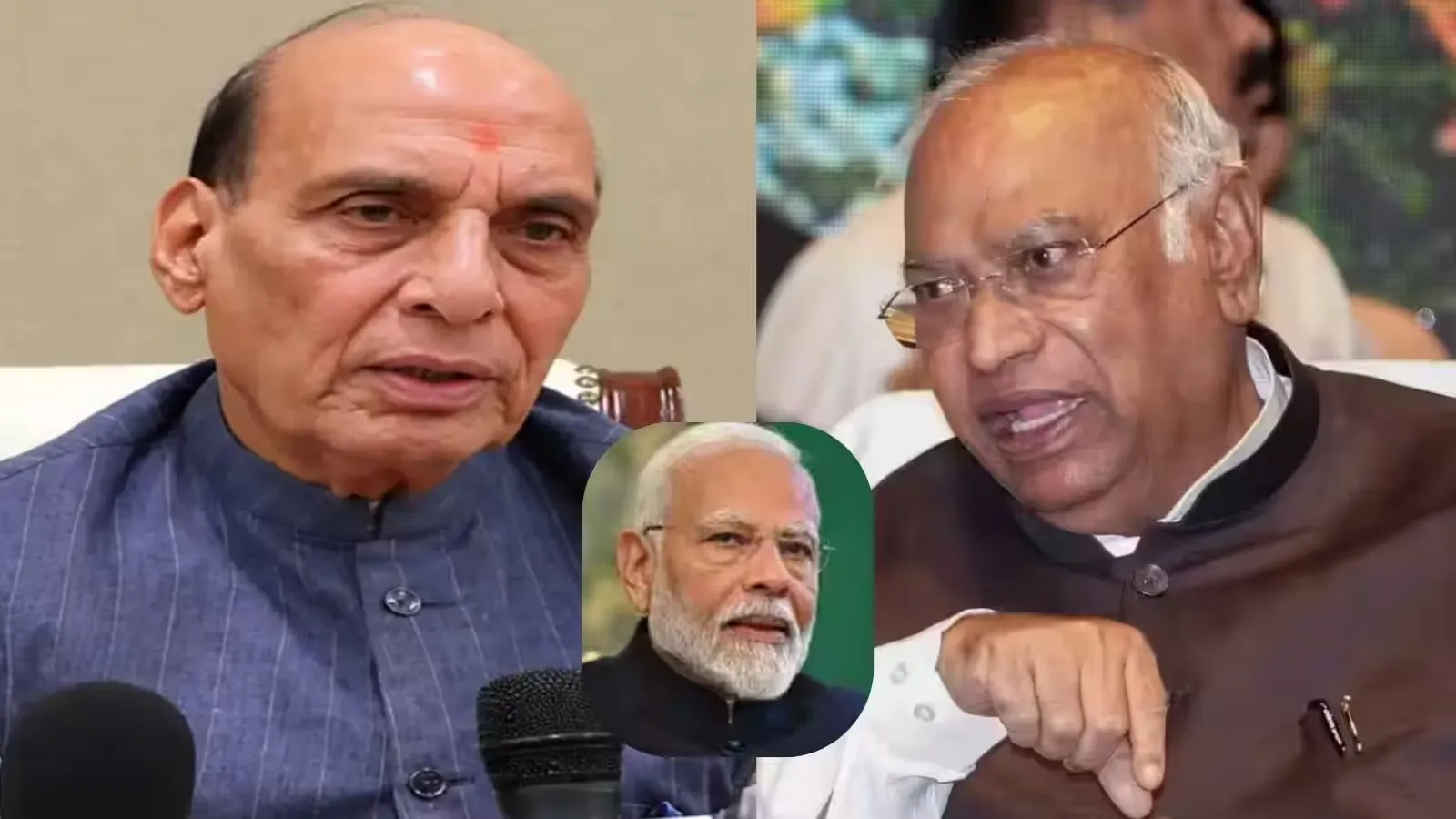 रक्षा मंत्री राजनाथ सिंह और कांग्रेस अध्यक्ष मल्लिकार्जुन खरगे, साथ में प्रधानमंत्री नरेंद्र मोदी की तस्वीर।