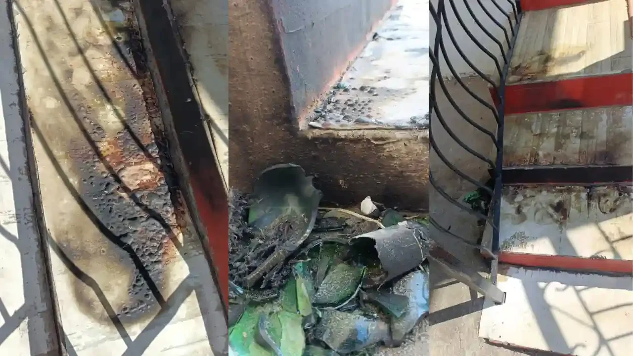 शिलांग में पेट्रोल बम हमले के बाद जले हुए अवशेष और क्षतिग्रस्त सीढ़ियां