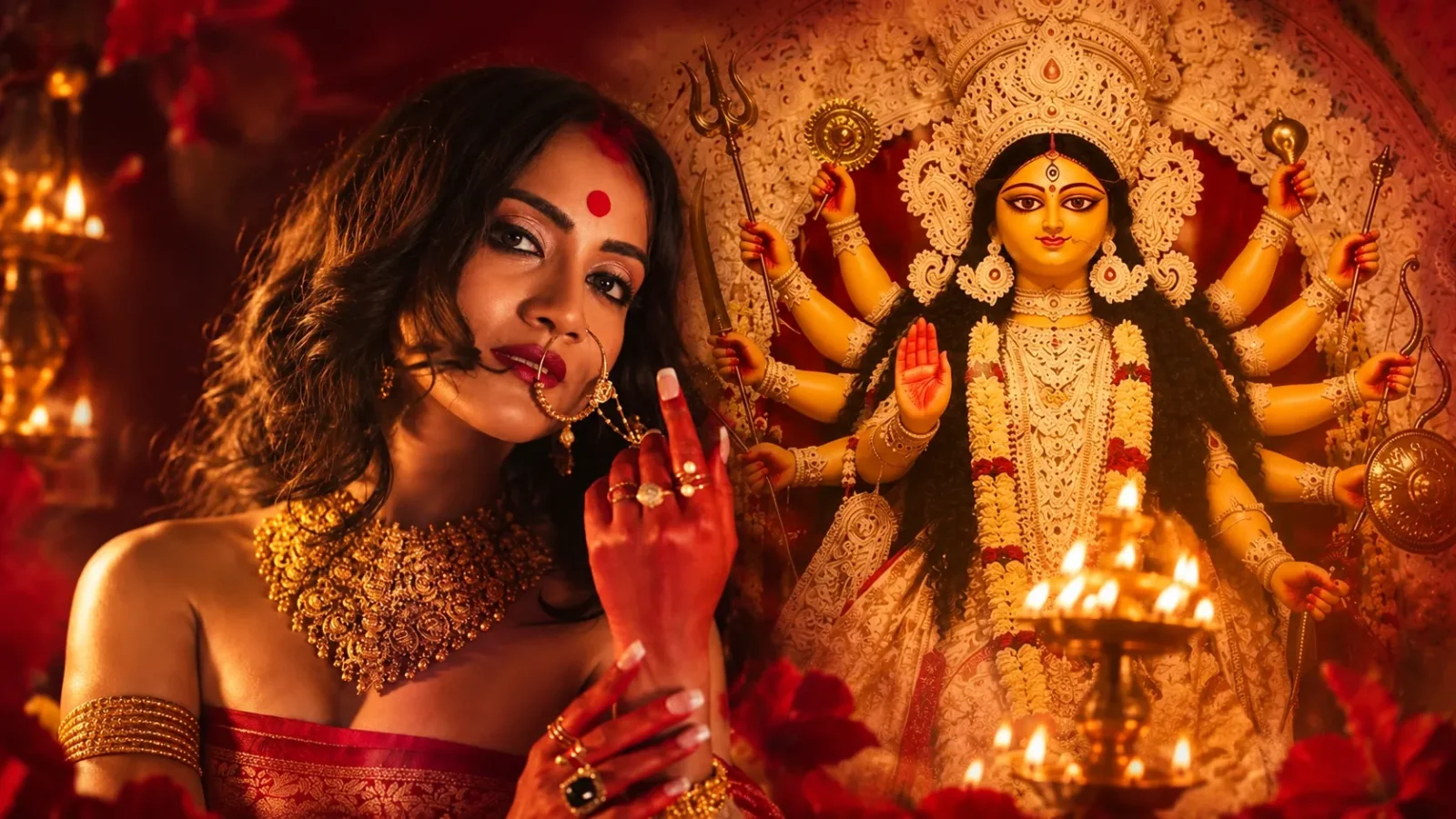 ढाक बजा गाने के लिए पारंपरिक त्योहारी लुक में अमिका शैल, मां दुर्गा की मूर्ति के साथ