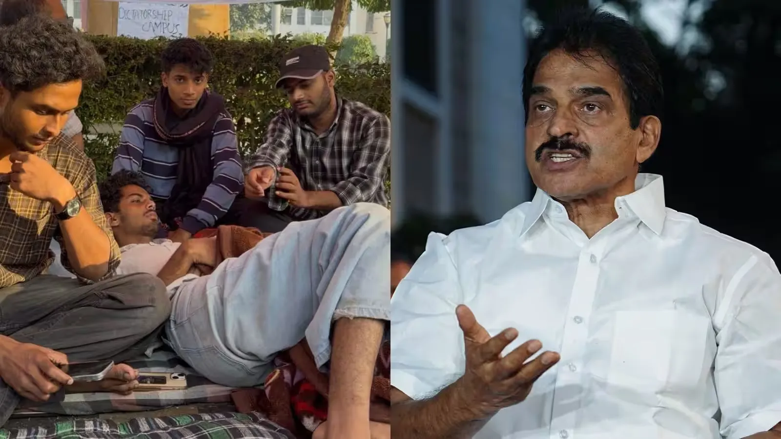 जामिया मिलिया इस्लामिया में भूख हड़ताल पर बैठे छात्र और कांग्रेस सांसद केसी वेणुगोपाल।