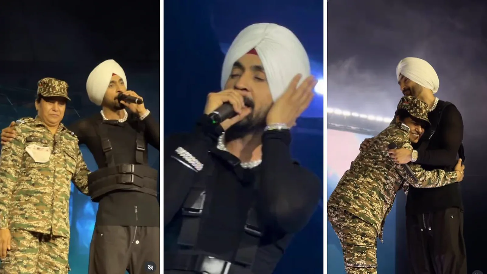 दिल्ली कॉन्सर्ट में स्टेज पर CRPF महिला जवान के साथ दिलजीत दोसांझ।