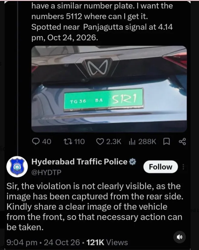 एक्स पर मूल शिकायत और हैदराबाद ट्रैफिक पुलिस का पहला जवाब।