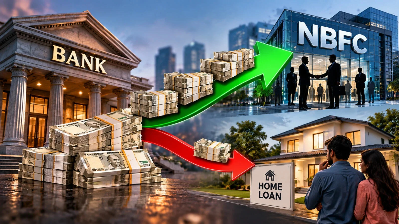 होम लोन की बजाय NBFCs की ओर बैंक लोन के प्रवाह का चित्रण।