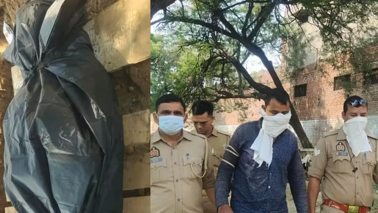 मथुरा में शव मिलने के बाद आरोपी को ले जाती पुलिस।